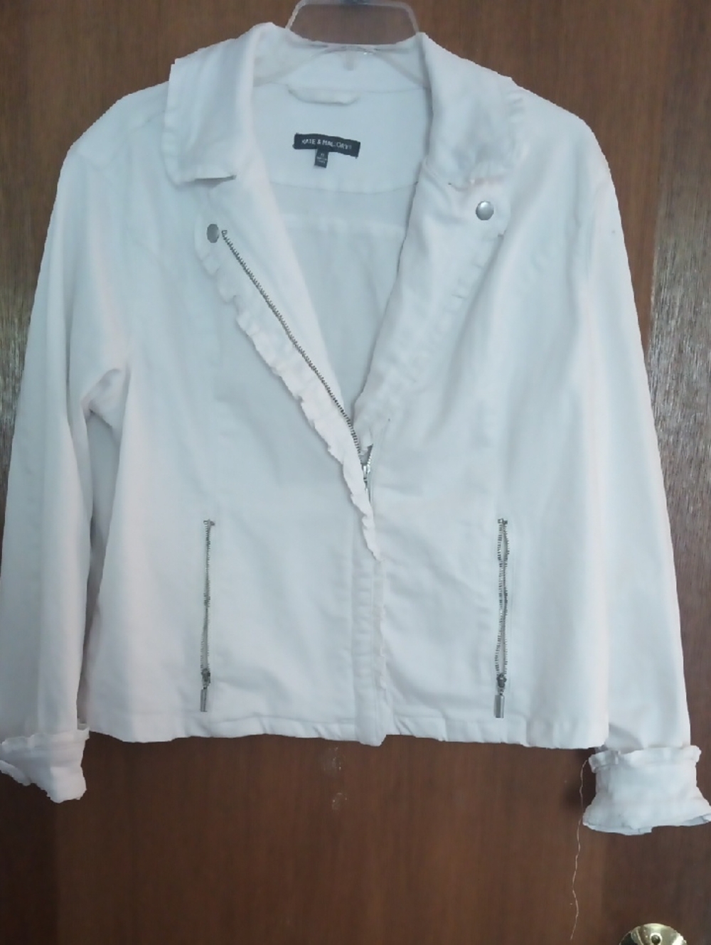 Kate & Mallory White Ruffle-Trim Jean Jacket